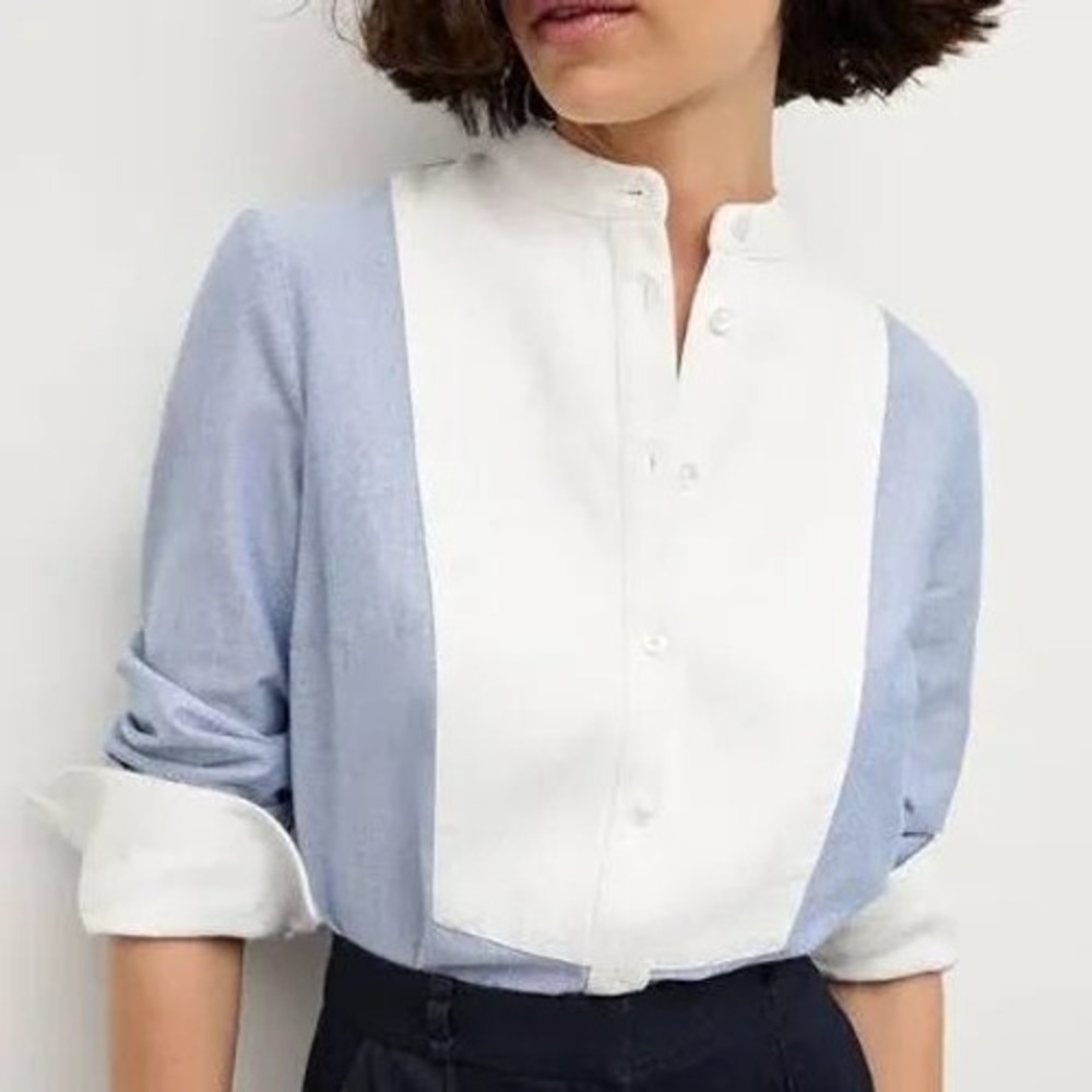 Veronica Beard Blue Chambray White Bib Front Band Collar Shirt Size 4